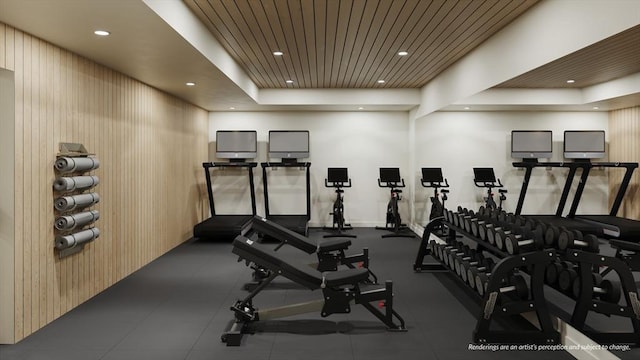 gym with recessed lighting and wooden ceiling