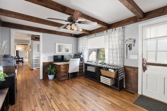 230 W St, Paxton, MA 01612 - kitchen with light wood-style floors, beam ceiling, ceiling fan, an office area, and wainscoting