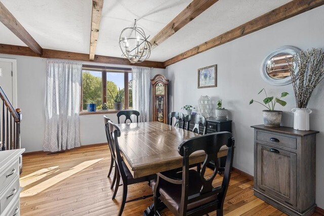 230 W St, Paxton, MA 01612 - dining room with a chandelier, beam ceiling, light wood-type flooring, and baseboards