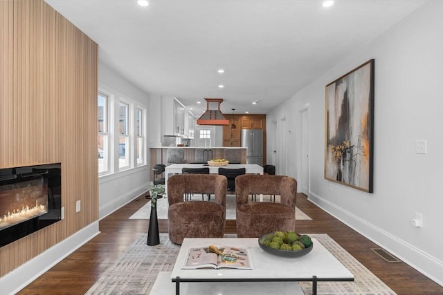 living room featuring a large fireplace and dark wood-type flooring