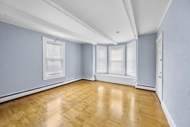 81-83 Walnut St, Lynn, MA 01905 - unfurnished room featuring a baseboard radiator, beamed ceiling, a textured wall, and baseboards