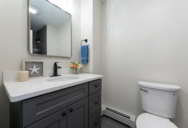 bathroom featuring a baseboard radiator, toilet, walk in shower, and vanity