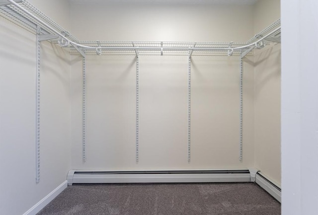 walk in closet featuring a baseboard heating unit and carpet