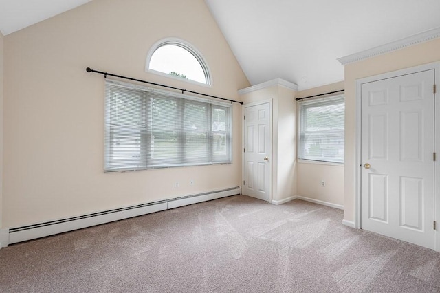 14 Midgley Ln, Worcester, MA 01604 - unfurnished bedroom featuring a baseboard heating unit, carpet flooring, multiple windows, and high vaulted ceiling