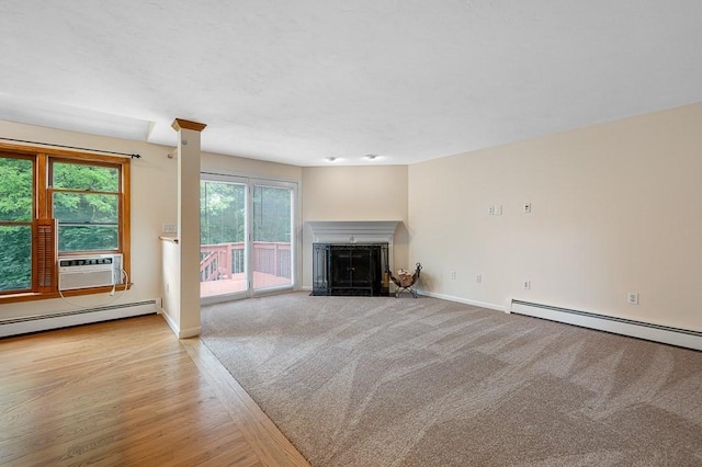14 Midgley Ln, Worcester, MA 01604 - unfurnished living room featuring a baseboard radiator, cooling unit, a fireplace with flush hearth, and carpet