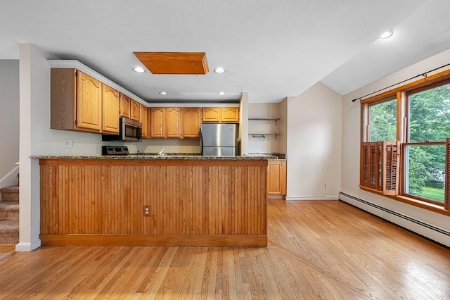 14 Midgley Ln, Worcester, MA 01604 - kitchen featuring stainless steel appliances, a peninsula, light wood finished floors, recessed lighting, and a baseboard heating unit