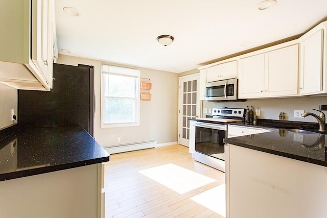 76 Kennedy Rd, West Brookfield, MA 01585 - kitchen with appliances with stainless steel finishes, a baseboard radiator, a sink, white cabinetry, and recessed lighting