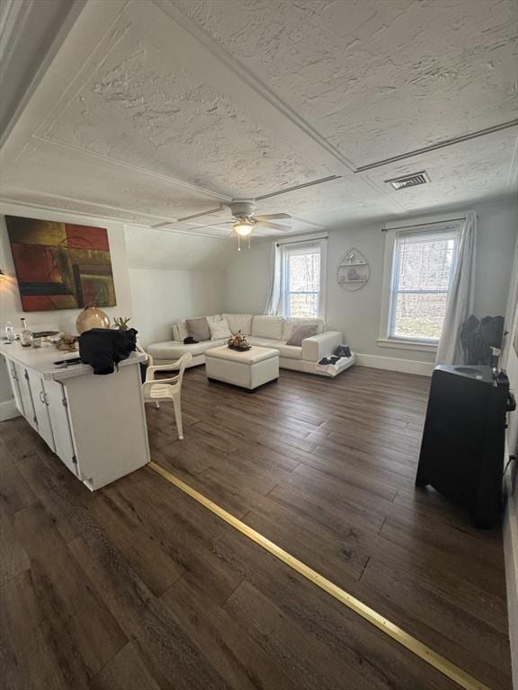 13 Coombs St, Southbridge, MA 01550 - living room featuring visible vents, a ceiling fan, dark wood finished floors, and baseboards