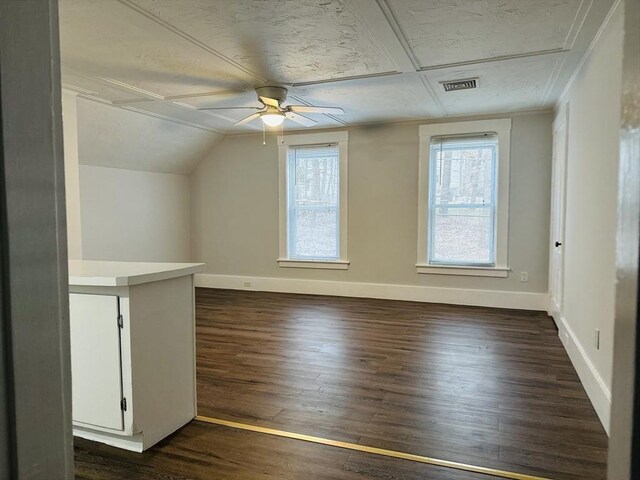 13 Coombs St, Southbridge, MA 01550 - additional living space with baseboards, visible vents, a ceiling fan, and dark wood-type flooring