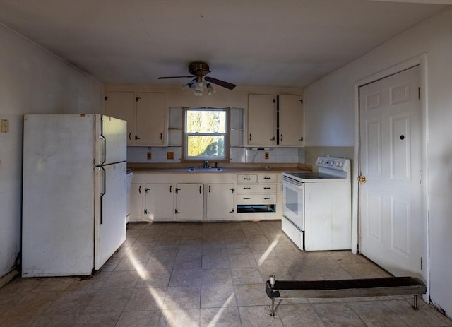 kitchen with white cabinetry, sink, ceiling fan, backsplash, and white appliances