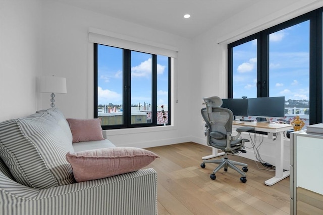 home office with plenty of natural light and light hardwood / wood-style floors