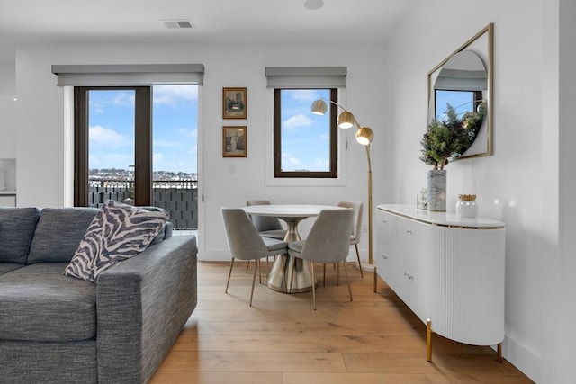 living room featuring a healthy amount of sunlight and light hardwood / wood-style flooring