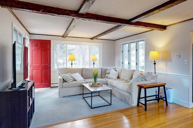 living room featuring beam ceiling, wood finished floors, and baseboard heating