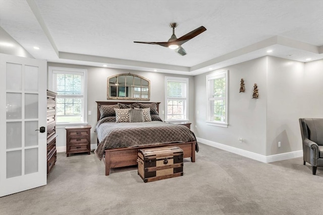 8 Fitch Farm Way, Southampton, MA 01073 - bedroom with light colored carpet, a tray ceiling, baseboards, recessed lighting, and ceiling fan