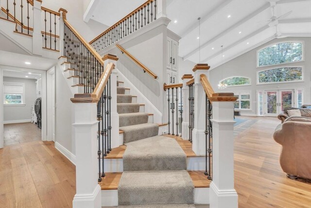 8 Fitch Farm Way, Southampton, MA 01073 - stairway with high vaulted ceiling, hardwood / wood-style flooring, ceiling fan, beamed ceiling, and baseboards