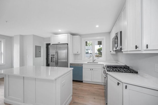 kitchen with appliances with stainless steel finishes, a sink, a center island, light wood finished floors, and white cabinetry