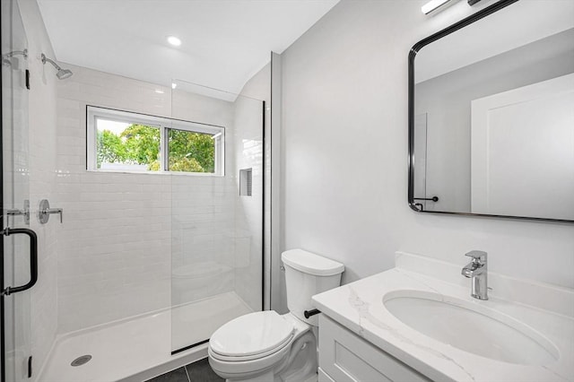 full bathroom featuring toilet, a shower stall, and vanity
