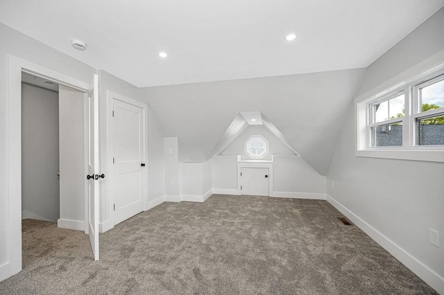 bonus room featuring carpet floors, vaulted ceiling, healthy amount of natural light, recessed lighting, and baseboards