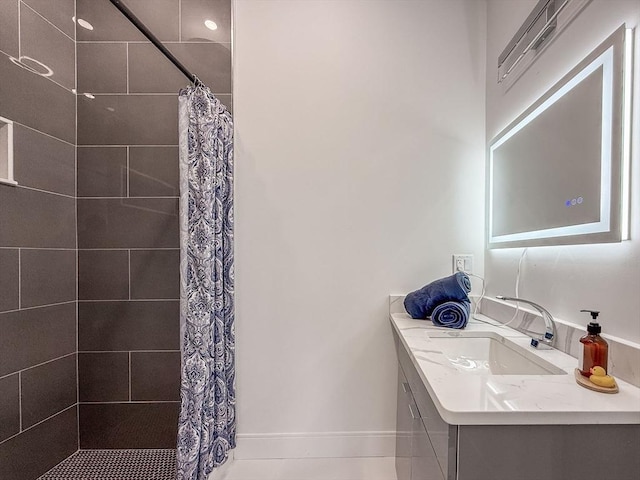 bathroom with vanity and a shower with curtain