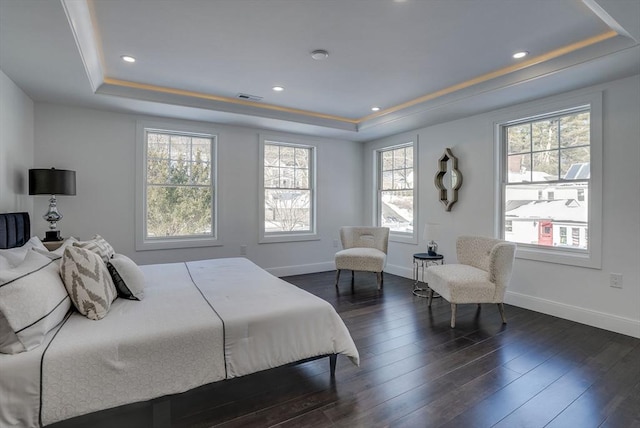 bedroom with a raised ceiling and dark hardwood / wood-style floors