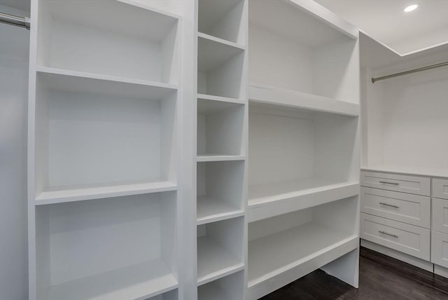 spacious closet featuring dark hardwood / wood-style flooring