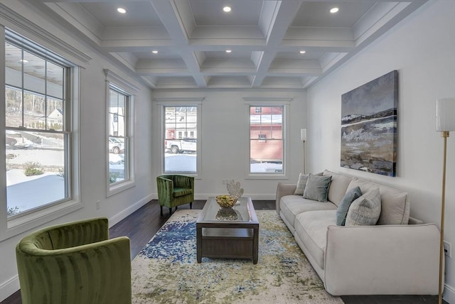 living room with coffered ceiling, dark wood-type flooring, and beam ceiling