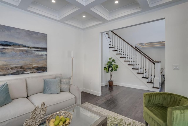 living room with coffered ceiling, dark hardwood / wood-style floors, and beamed ceiling