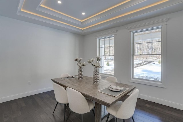 dining area featuring dark hardwood / wood-style floors and a tray ceiling