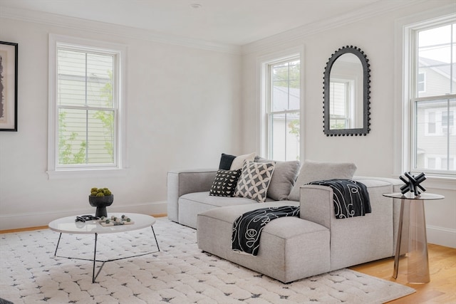 living room featuring crown molding, light hardwood / wood-style floors, and plenty of natural light