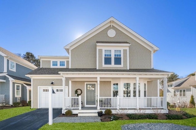 view of front of home featuring driveway, an attached garage, a porch, and a shingled roof