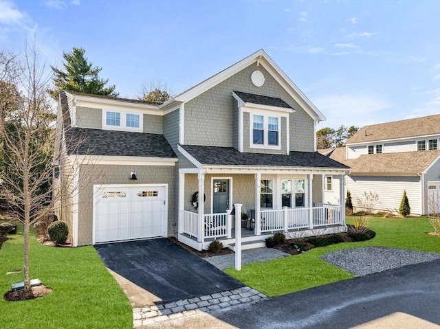 shingle-style home with aphalt driveway, a porch, a shingled roof, a garage, and a front lawn