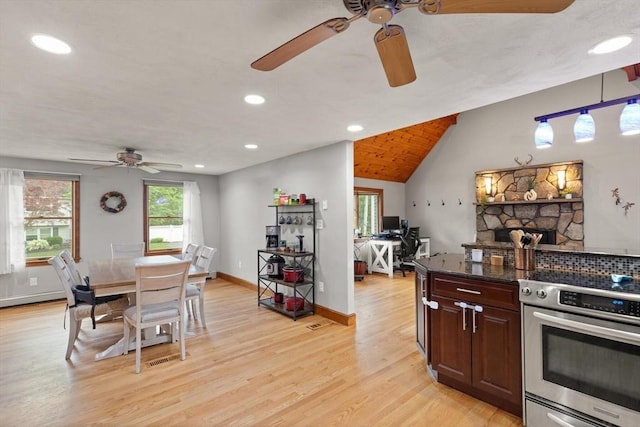 50 New Jersey Rd, Tewksbury, MA 01876 - dining area with ceiling fan, light wood-style flooring, recessed lighting, baseboards, and lofted ceiling