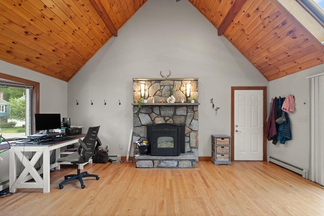 50 New Jersey Rd, Tewksbury, MA 01876 - office area featuring a baseboard heating unit, wood finished floors, high vaulted ceiling, wooden ceiling, and a fireplace