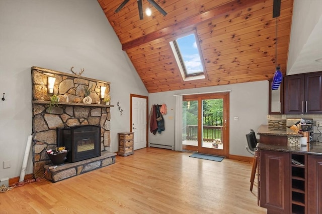 50 New Jersey Rd, Tewksbury, MA 01876 - living room with a skylight, high vaulted ceiling, light wood-type flooring, baseboards, and wood ceiling with exposed beams