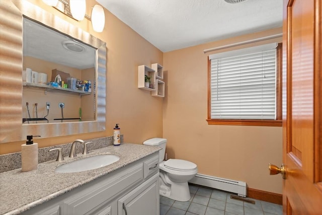 50 New Jersey Rd, Tewksbury, MA 01876 - bathroom with a baseboard heating unit, tile patterned floors, toilet, vanity, and baseboards