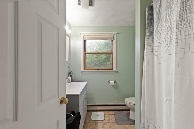 50 New Jersey Rd, Tewksbury, MA 01876 - bathroom featuring a baseboard heating unit, vanity, toilet, baseboards, and a shower with shower curtain