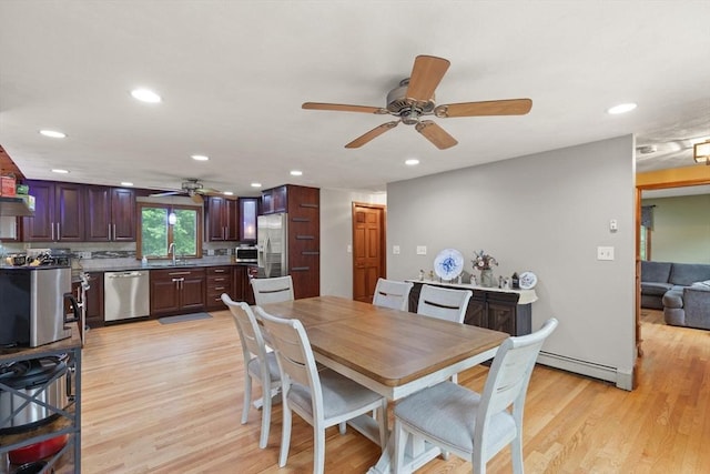 50 New Jersey Rd, Tewksbury, MA 01876 - dining area featuring ceiling fan, light wood-type flooring, recessed lighting, and a baseboard radiator