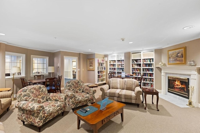 carpeted living room featuring crown molding