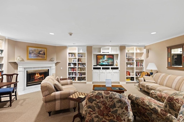 living room featuring light carpet and built in features