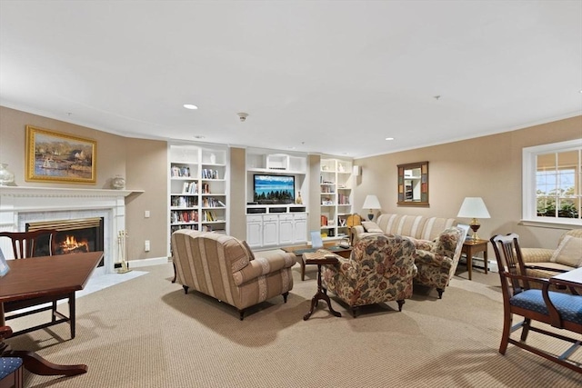 carpeted living room with ornamental molding and built in shelves