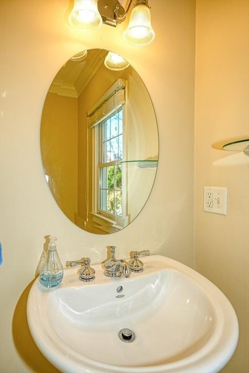 bathroom with ornamental molding and sink