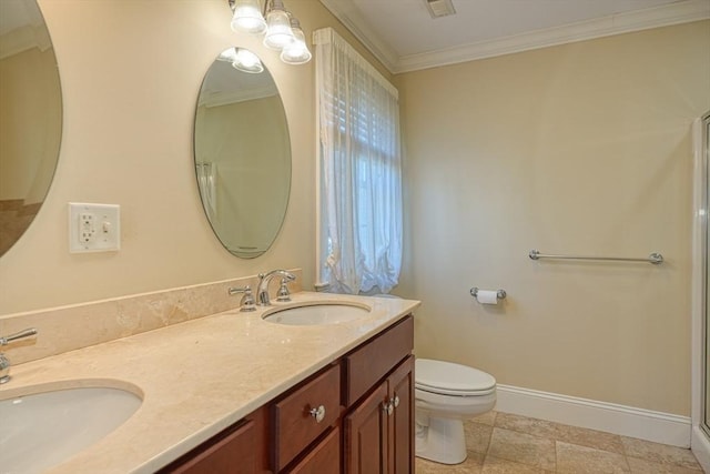 bathroom featuring vanity, an enclosed shower, ornamental molding, and toilet