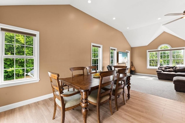 33 Beaver St, Whitman, MA 02382 - dining area featuring lofted ceiling, baseboards, light wood finished floors, ceiling fan, and recessed lighting