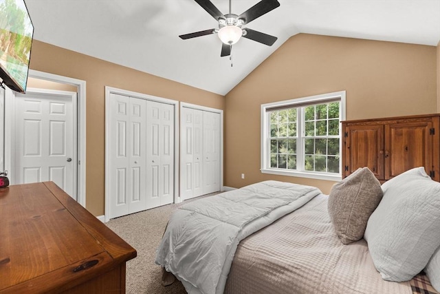33 Beaver St, Whitman, MA 02382 - carpeted bedroom with multiple closets, vaulted ceiling, and ceiling fan