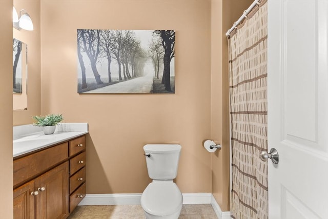 33 Beaver St, Whitman, MA 02382 - bathroom featuring vanity, toilet, baseboards, and curtained shower