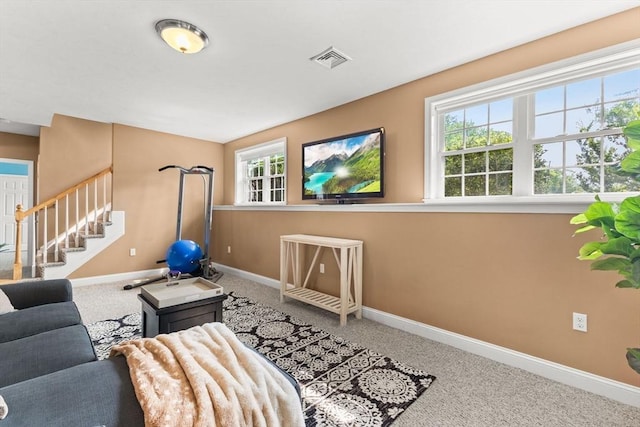 33 Beaver St, Whitman, MA 02382 - living room featuring baseboards, stairs, and carpet floors