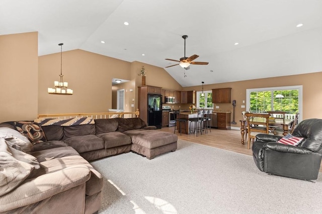 33 Beaver St, Whitman, MA 02382 - living room with a chandelier, lofted ceiling, a ceiling fan, light colored carpet, and recessed lighting