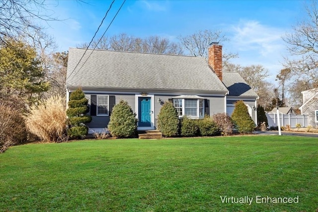 new england style home featuring a shingled roof, a chimney, and a front yard