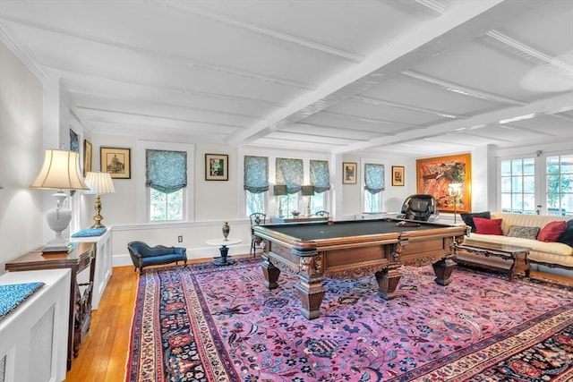 40 Pleasant St, Dover, MA 02030 - playroom featuring baseboards, pool table, beam ceiling, and light wood-style floors