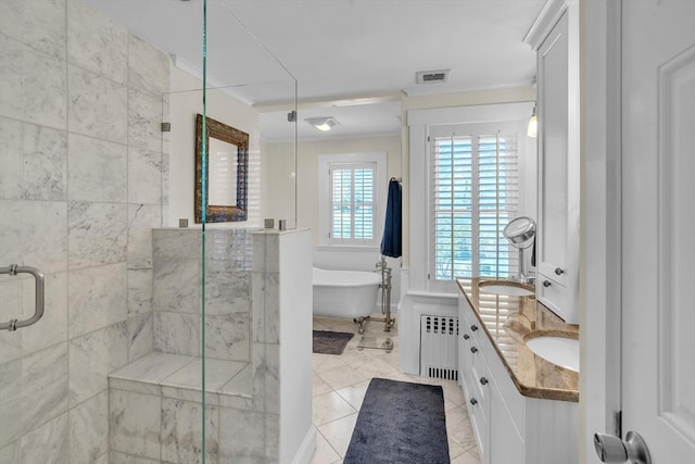 40 Pleasant St, Dover, MA 02030 - bathroom featuring double vanity, visible vents, a shower stall, radiator, and a soaking tub